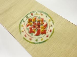 手織り紬連珠文に花模様織出し洒落袋帯